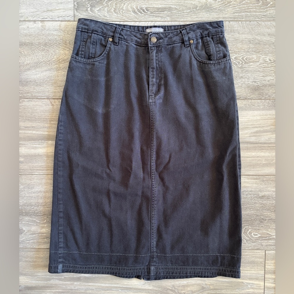 Jessica London Plus Size Black Denim Midi Skirt 100% Cotton 12